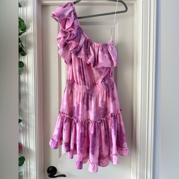 BUDDY LOVE One Shoulder Dress Pink Purple Tie Dye Ruffled Boutique Mini Dress M - Picture 6 of 6